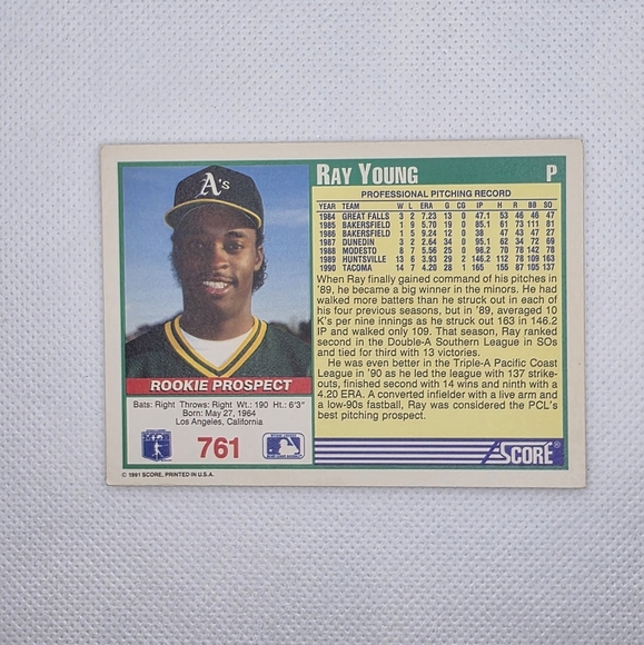 1991 Score Ray Young Oakland Athletics #761 Rookie Prospect Baseball Card - Picture 3 of 4